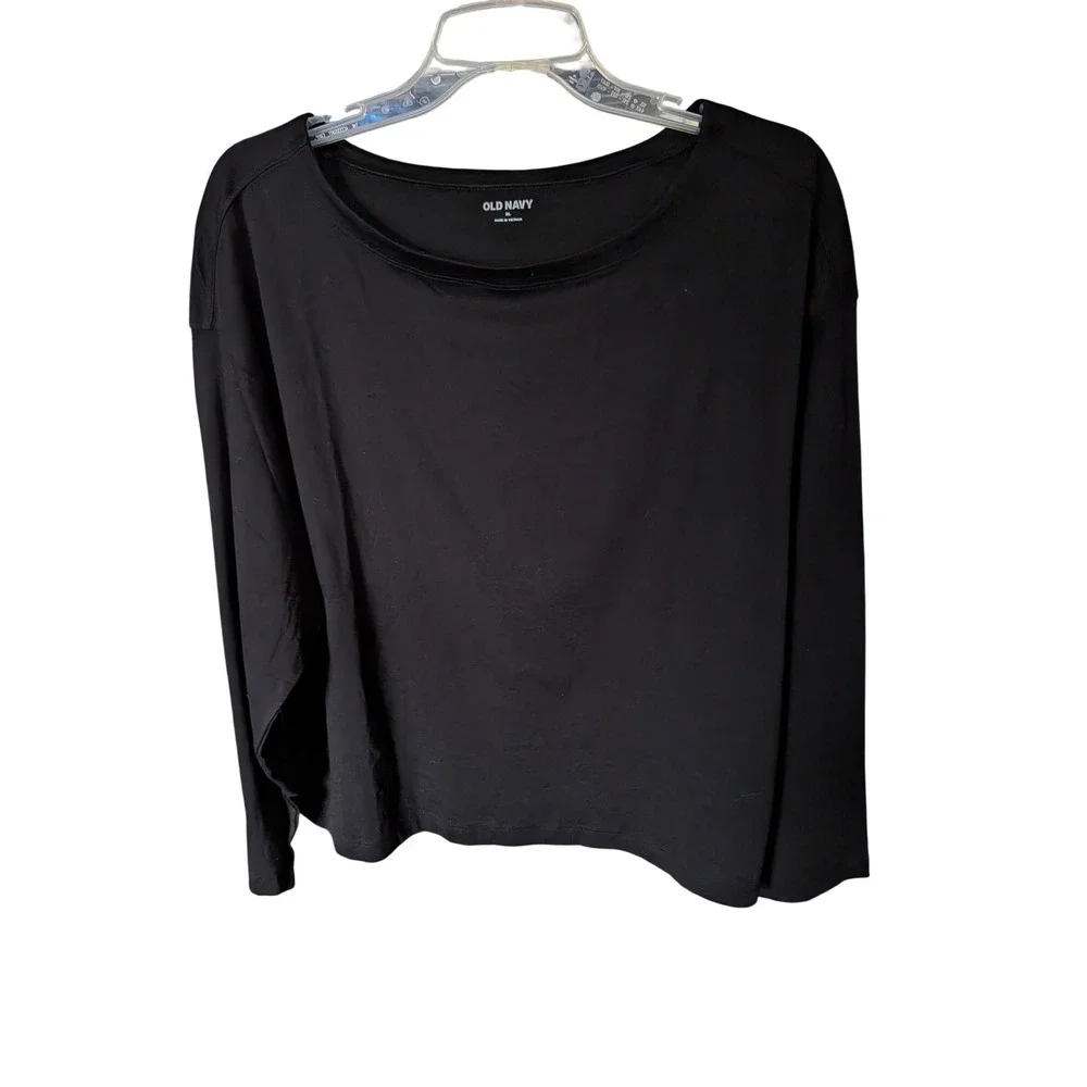 Old Navy Womens XL‎ Black Boxy Long Sleeve Tee Relaxed Fit Side Slit Jersey Top